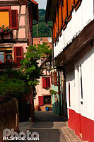 Photo : Rue et maison alsacienne dans Ribeauvillé, Haut-Rhin (68)